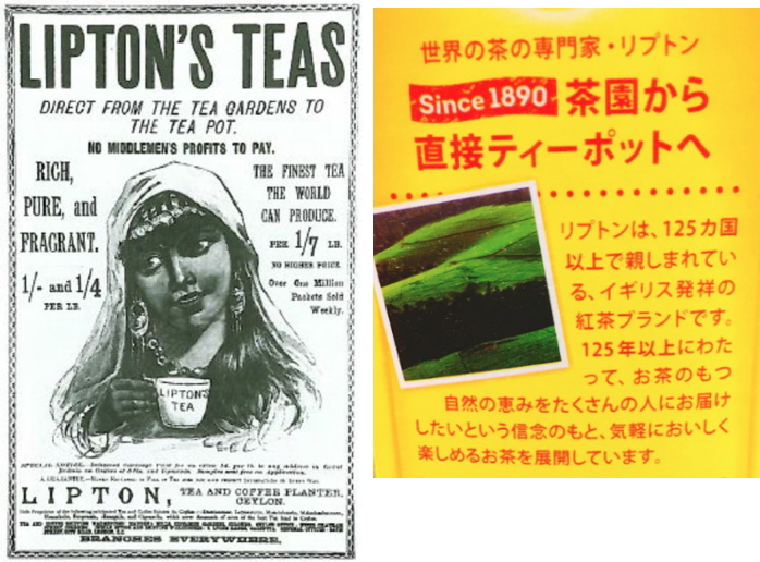 茶園から直接ティーポットへ（Direct from the tea garden to the teapot.）が印刷されたポスター、パッケージ
